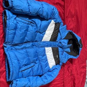 Blue Puffer Jacket with Black and White Stripes